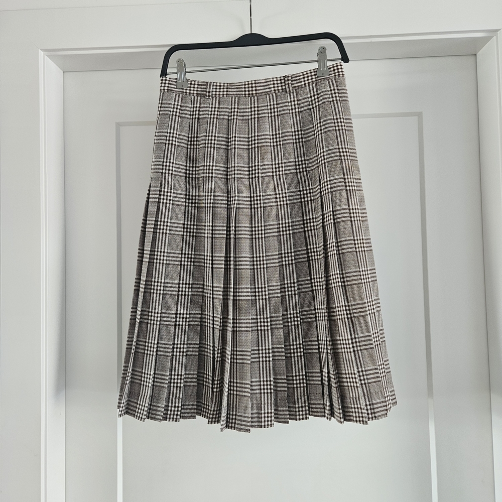 Escada Brown and White Plaid Pleated Midi Skirt Vintage